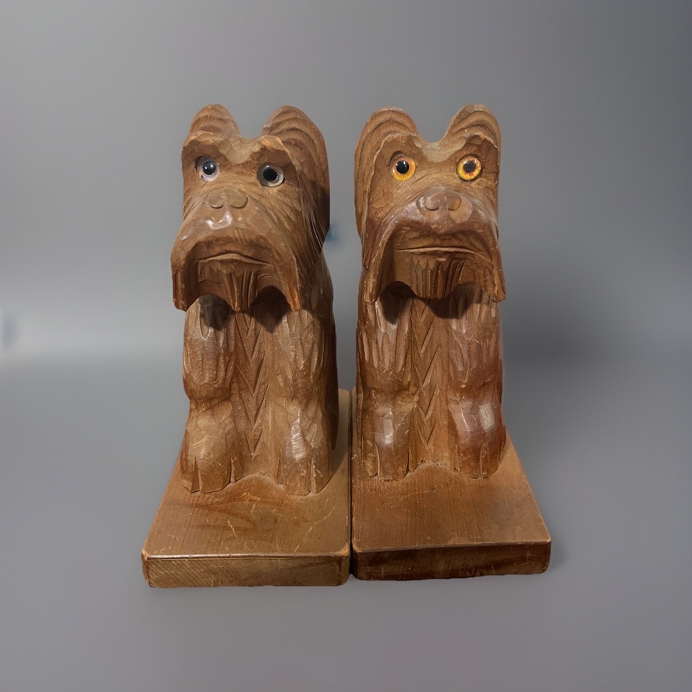 Vtg‎ Terrier Dog Carved Wood Bookends Made in Japan